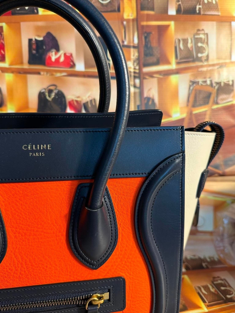 Celine Cream, Orange and Black Leather Tote - Picture 4 of 8